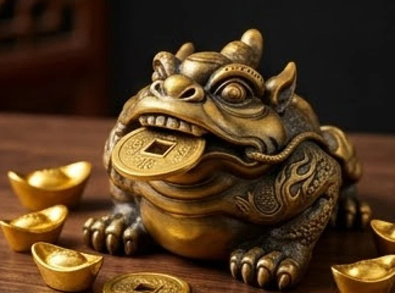 Linh vật Tỳ Hưu ngậm chặt một đồng tiền xu cổ đúc bằng vàng sáng bóng mang ý nghĩa thu hút tài lộc