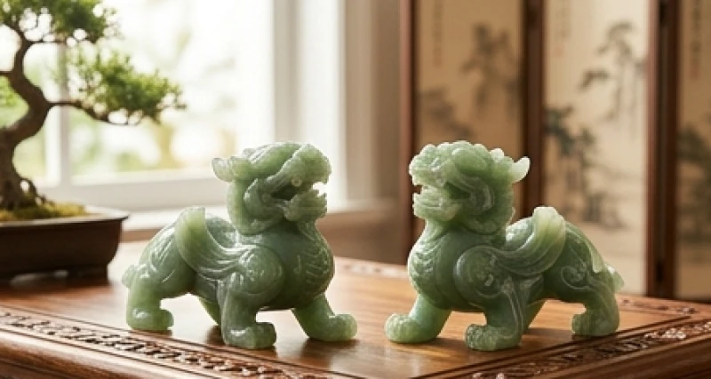 Cặp tượng Tỳ Hưu phong thủy bằng ngọc xanh chạm khắc tinh xảo đặt hướng ra cửa sổ