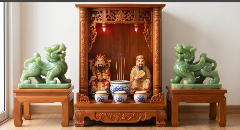 Hai bức tượng Tỳ Hưu bằng ngọc đặt hai bên hông bàn thờ Thần Tài hướng ra cửa chính