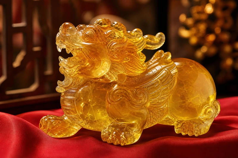Tượng Tỳ Hưu bằng đá thạch anh vàng với cái miệng rộng và mông tròn đầy đặn không có hậu môn
