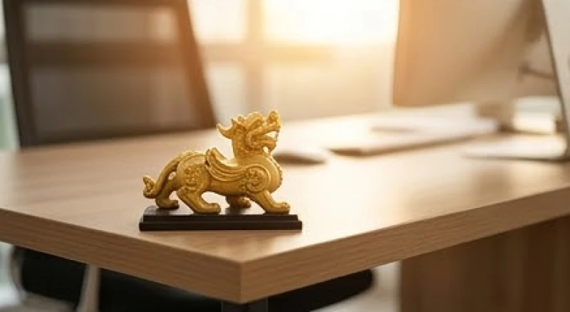 Vật phẩm phong thủy tỳ hưu mạ vàng được đặt ngay ngắn ở góc chiêu tài trên bàn làm việc