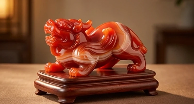 Tượng tỳ hưu làm từ khối đá mã não đỏ rực rỡ với những đường vân tự nhiên uốn lượn