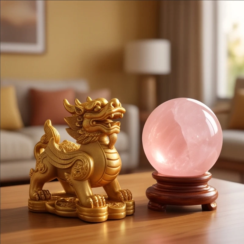 Tượng Tỳ Hưu mạ vàng và quả cầu thạch anh hồng giúp chiêu tài hóa sát hiệu quả