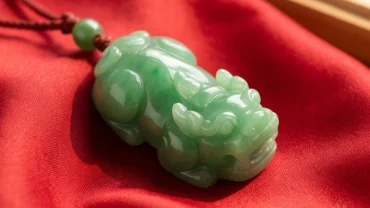Mặt dây chuyền Tỳ Hưu phong thủy tuổi Dần bằng ngọc bích chạm khắc tinh xảo đặt trên miếng vải lụa đỏ