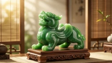 Tượng tỳ hưu phong thủy tuổi dậu bằng ngọc tự nhiên đặt trên đế gỗ uy nghi