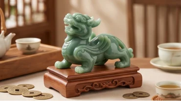 Tượng Tỳ Hưu phong thủy ngọc bích nguyên khối an vị trên đế gỗ sang trọng dành cho người tuổi Hợi