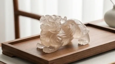 Linh vật tỳ hưu phong thủy tuổi mão được tạc từ đá thạch anh tự nhiên đặt trên khay gỗ trang trọng