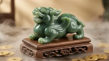 Tượng tỳ hưu phong thủy tuổi thân bằng đá ngọc bích tự nhiên đặt trên đế gỗ sang trọng