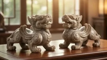 Tượng tỳ hưu phong thủy tuổi thìn bằng đá tự nhiên chạm khắc tinh xảo đặt trên bàn gỗ uy nghi