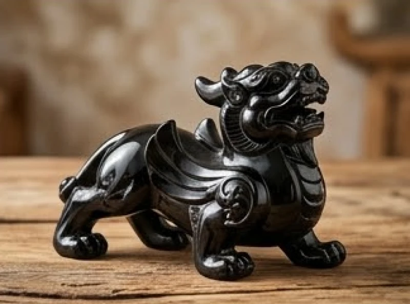 Bức tượng Tỳ Hưu làm từ thạch anh đen nguyên khối đặt trên mặt bàn gỗ tự nhiên