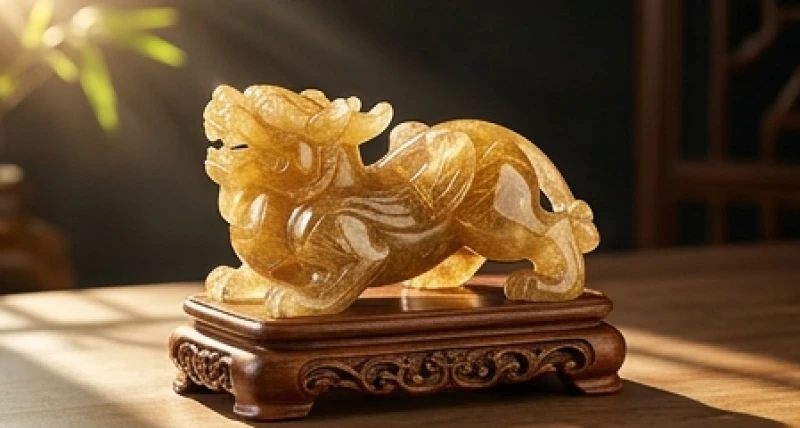 Tượng tỳ hưu thạch anh tóc vàng lấp lánh phản chiếu ánh sáng tự nhiên trên bệ gỗ chạm trổ
