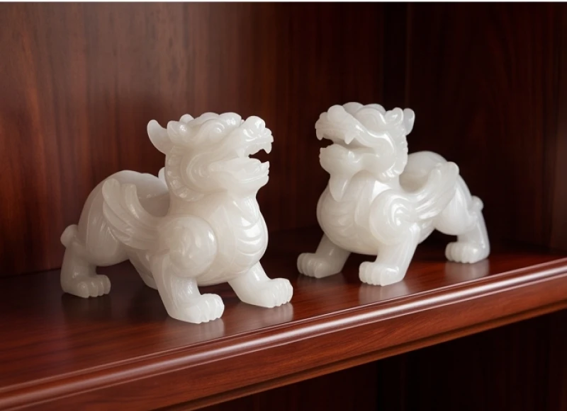 Cách thu hút tài lộc cho người tuổi Thìn: Từng bước kích hoạt 8 Cặp tượng Tỳ Hưu điêu khắc tinh xảo từ đá thạch anh trắng sang trọng đặt trên kệ gỗ