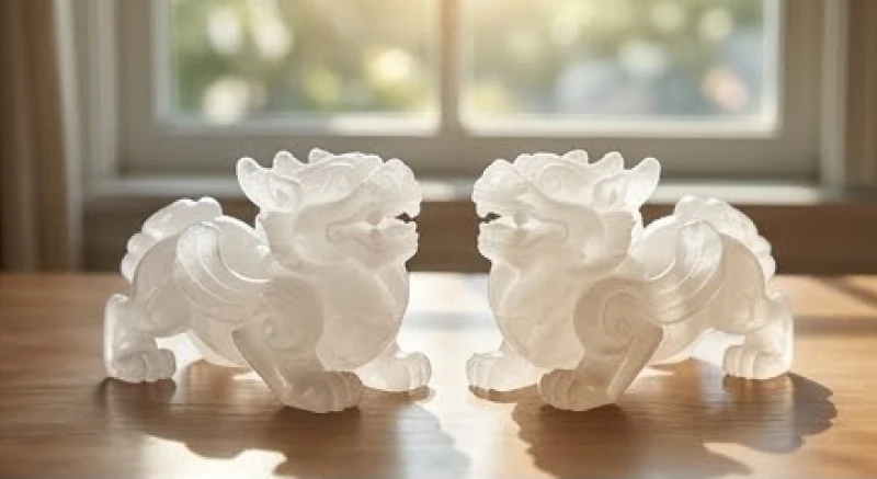 Linh vật phong thủy tuổi Hợi: kích thước và cách khai quang 2 Cặp tượng Tỳ Hưu phong thủy tạc từ đá thạch anh trắng tinh khiết đặt trên chiếc bàn làm việc bằng gỗ