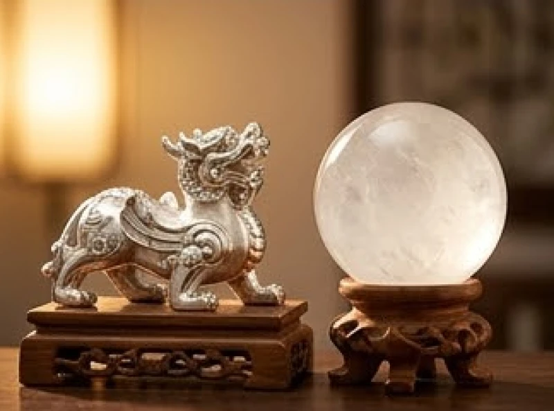 Bức tượng Tỳ Hưu phong thủy và quả cầu thạch anh trắng sáng bóng giúp hóa giải xung khắc