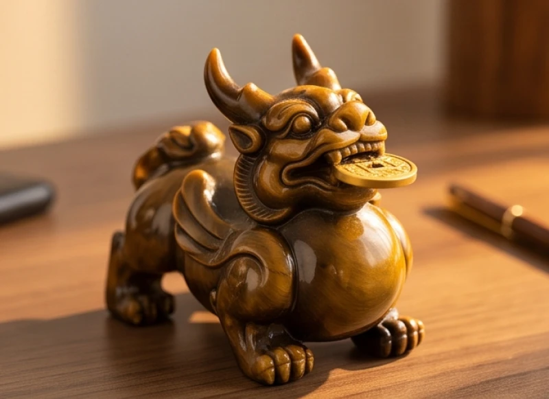 Tượng Tỳ Hưu Thiên Lộc hai sừng với chiếc bụng to tròn bệ vệ và miệng ngậm chặt đồng tiền xu vàng