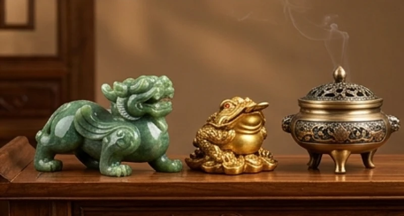 Tượng tỳ hưu và cóc ngậm tiền thiềm thừ được bài trí trang trọng cạnh bát hương trên bàn thờ