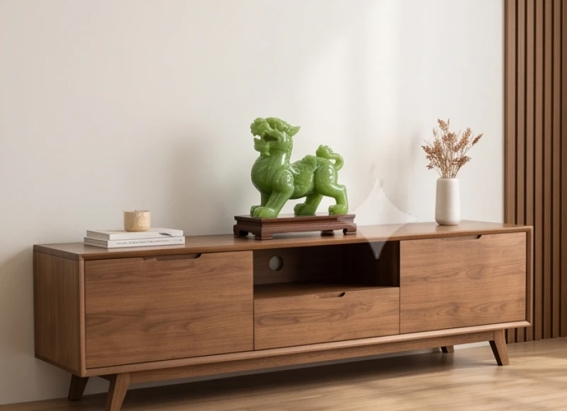 Tượng linh vật phong thủy được bài trí hài hòa với tỷ lệ kích thước vừa phải trên kệ tủ tivi phòng khách