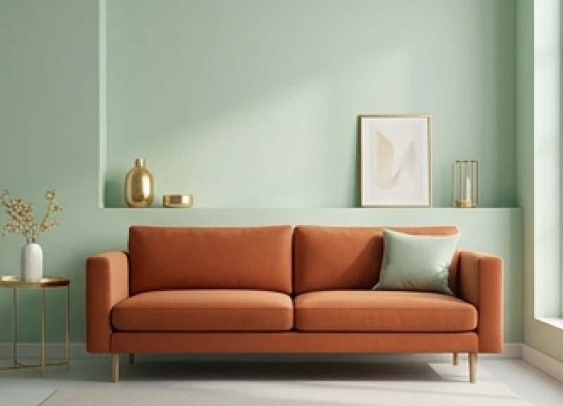 Phòng khách được phối màu xanh lá chủ đạo cùng điểm nhấn sofa cam đất hợp phong thủy mệnh Hỏa