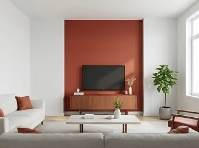 Mảng tường nhấn màu đỏ đất chiếm diện tích nhỏ trong phòng khách sơn trắng sứ