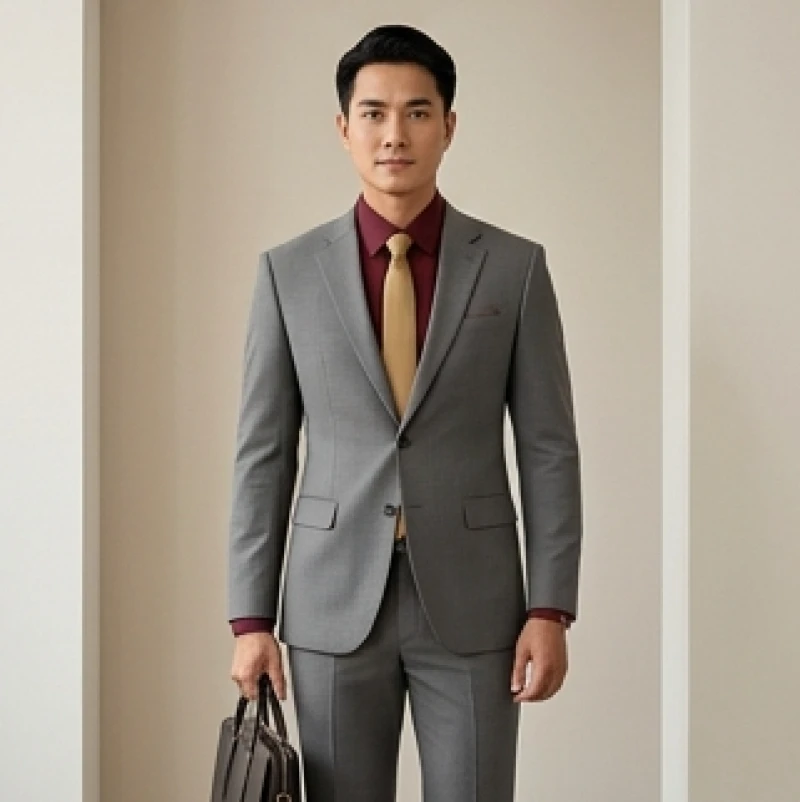 Công thức phối màu 60-30-10 trên bộ trang phục công sở với áo suit xám và điểm nhấn cà vạt vàng