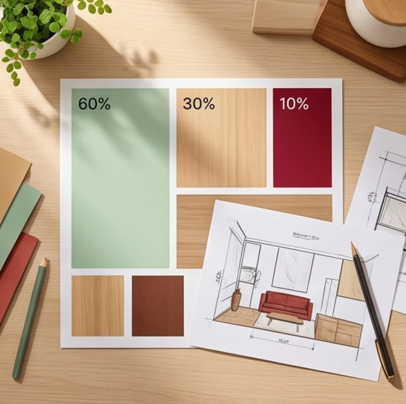 Bảng phân tích phối màu sơn phòng theo tỷ lệ chuẩn 60 phần trăm nền xanh và 10 phần trăm điểm nhấn màu đỏ