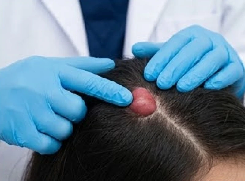 Chuyên gia y tế ấn nhẹ ngón tay mang găng vào một khối u mọng đỏ trên bề mặt da đầu bệnh nhân