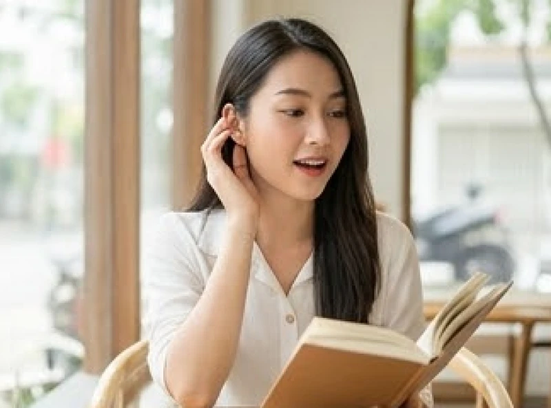 Ù tai là điềm gì: Tra cứu theo giờ và góc nhìn y khoa 2 Cô gái trẻ mỉm cười nhẹ nhàng khi cảm nhận hiện tượng ù tai mang ý nghĩa điềm báo trực giác