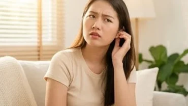 Người phụ nữ chạm nhẹ vào một bên tai với vẻ mặt băn khoăn khi tìm hiểu ù tai là điềm gì về sức khỏe và tâm linh