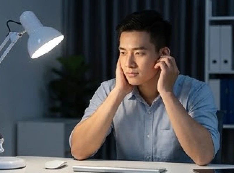 Người đàn ông làm việc khuya cảm thấy ù tai phải báo hiệu cơ hội thăng tiến