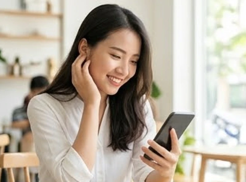 Người phụ nữ mỉm cười xem điện thoại sau khi trải qua hiện tượng ù tai phải vào buổi chiều