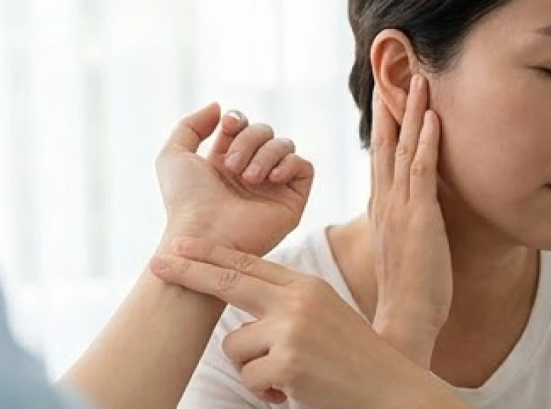 Bệnh nhân bắt mạch cổ tay và chạm vào tai phải để kiểm tra tiếng ù tai theo nhịp tim