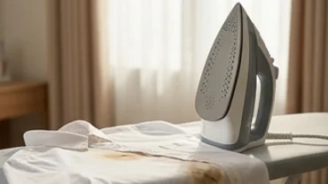 Chiếc bàn ủi đang tỏa nhiệt trên bề mặt vải bị xém vàng, giải đáp thắc mắc ủi quần áo bị cháy là điềm gì