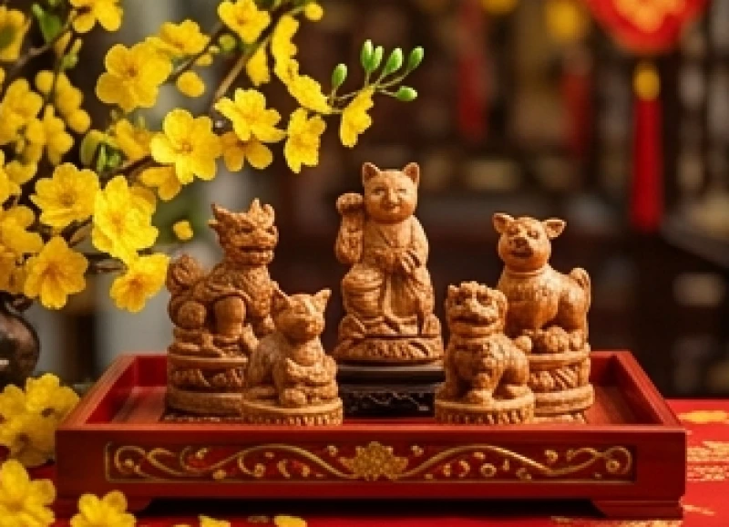 Không gian trưng bày Tết với cành mai vàng rực rỡ và các linh vật phong thủy chạm khắc tinh xảo đặt trên khay gỗ