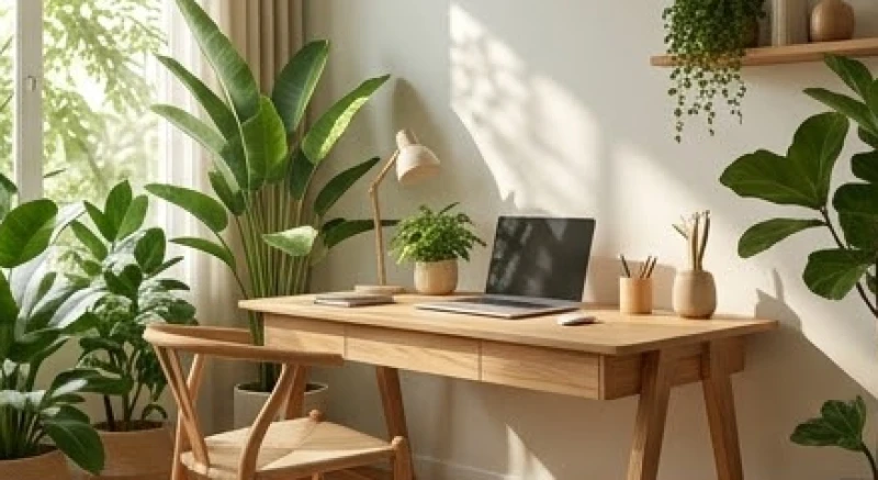 Góc làm việc thư giãn trang trí nhiều cây xanh và nội thất gỗ dành cho người mệnh Hỏa