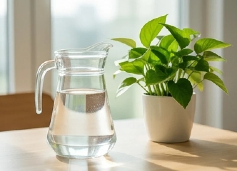 Bình nước thủy tinh trong suốt đặt cạnh chậu cây xanh tươi tốt thể hiện quy luật ngũ hành thủy sinh mộc