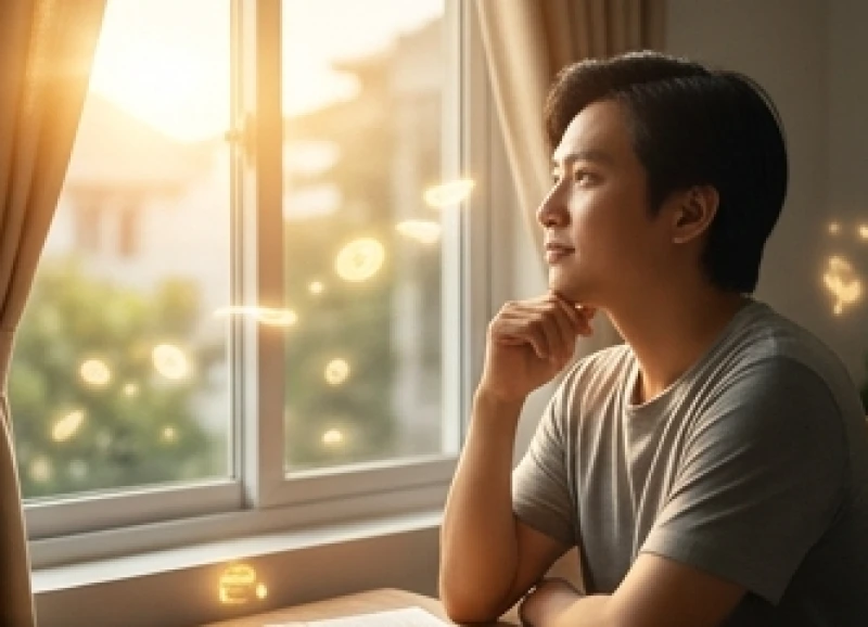 Người đàn ông Á Đông đang suy ngẫm về tương lai tài chính sung túc của gia đình qua ô cửa sổ