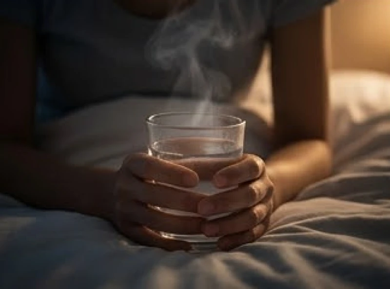 Đôi bàn tay giữ chặt một ly nước ấm đang tỏa khói mờ trong căn phòng ngủ tĩnh lặng