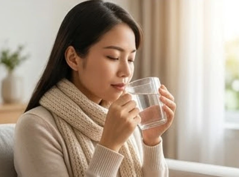 Nhảy mũi ở nữ là điềm gì: Tra cứu theo giờ và phân biệt nam nữ 9 Người phụ nữ quàng khăn ấm nhẹ nhàng đang nhâm nhi ly nước lọc ấm vào buổi sáng se lạnh
