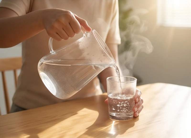 Rót nước ấm từ bình thủy tinh ra ly để uống bổ sung lượng nước trong ngày