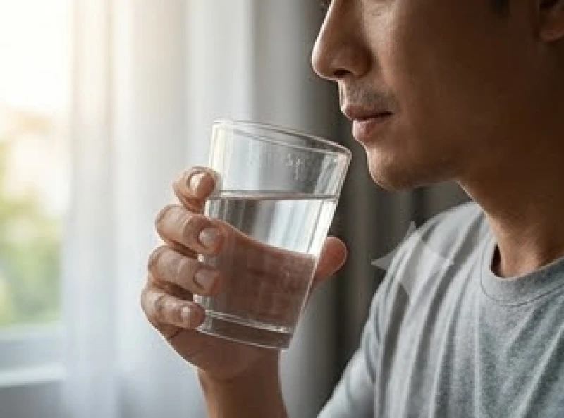 Người đàn ông uống nước ấm và tập hít thở sâu để hạ nhịp tim, xua tan căng thẳng sau một cơn ác mộng tồi tệ