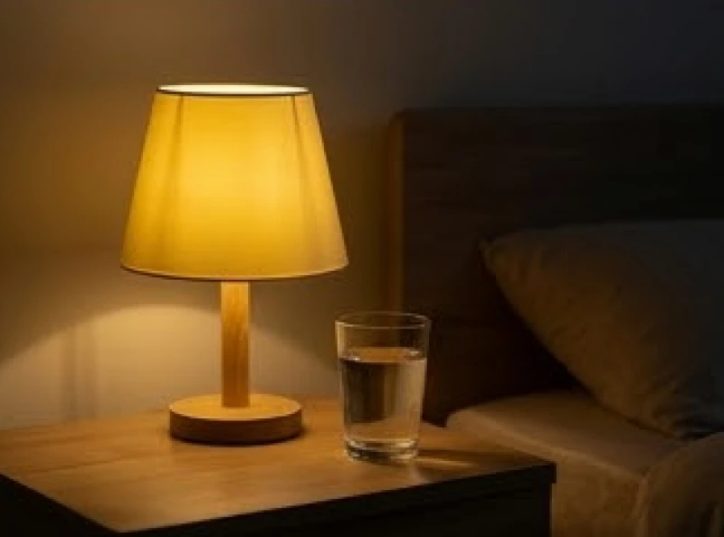 Một cốc nước ấm đặt trên bàn cạnh chiếc đèn ngủ tỏa ánh sáng vàng dịu nhẹ