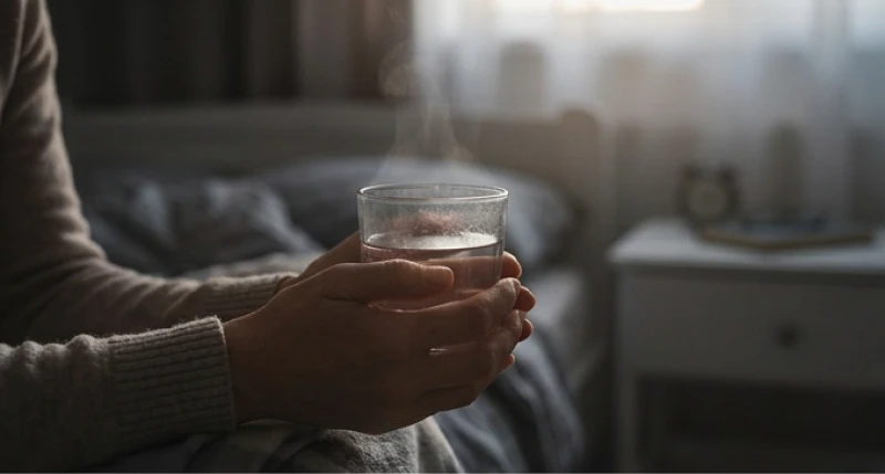 Bàn tay nâng ly nước ấm bốc khói nhẹ để xoa dịu tinh thần sau giấc mơ xấu