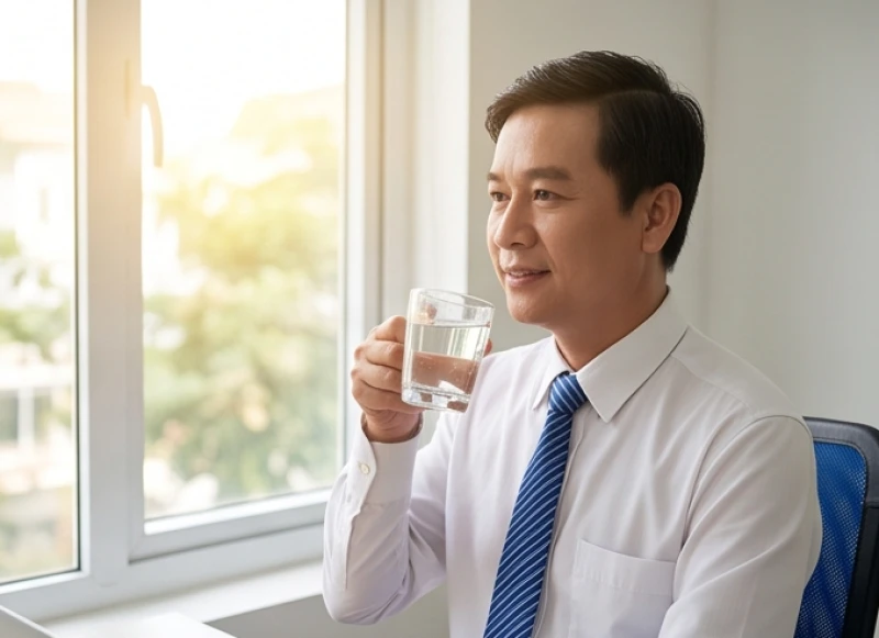 Sức khỏe tuổi Ngọ năm 2027: Tháng kỵ và rủi ro bệnh lý nam nữ 7 Nhân viên văn phòng tạm nghỉ ngơi và uống một ly nước ấm để giải tỏa áp lực công việc