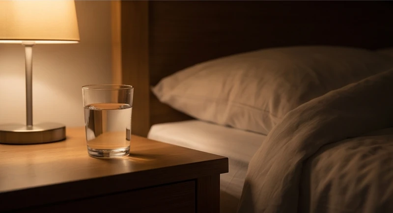 Một ly nước ấm đặt trên bàn cạnh giường ngủ giúp làm dịu hệ thần kinh sau cơn ác mộng