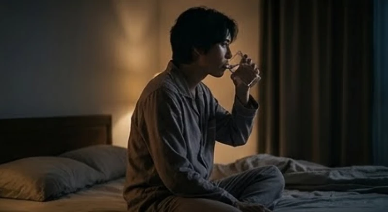 Một người đang nhẹ nhàng nhấp ngụm nước ấm trên giường để điều hòa nhịp tim sau giấc ngủ