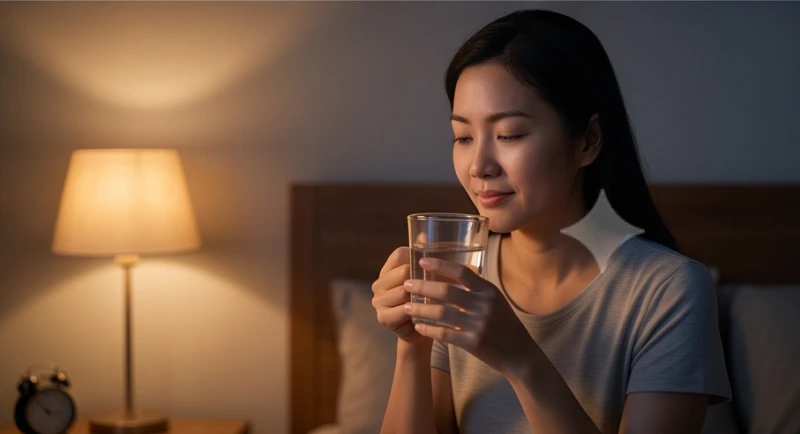 Người phụ nữ uống một ngụm nước ấm để tĩnh tâm sau cơn ác mộng
