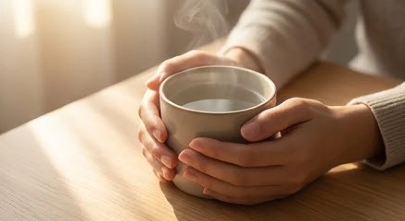 Đôi bàn tay ôm trọn một ly nước ấm đang tỏa khói mờ ảo trong ánh sáng buổi sáng dịu nhẹ
