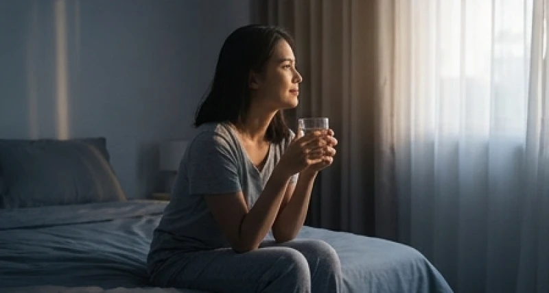 Một người ngồi trên giường uống ly nước ấm và hít thở sâu để trấn an sau khi tỉnh giấc