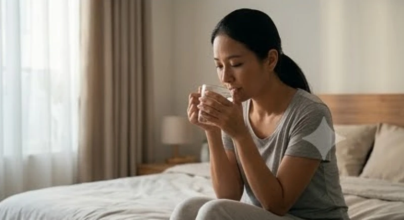 Mơ thấy chồng bị tai nạn: Giải mã bối cảnh, tâm lý và số sổ mơ 8 Người phụ nữ ngồi trên giường ôm một cốc nước ấm trong tay với vẻ mặt dần trở nên bình tĩnh và thư giãn hơn