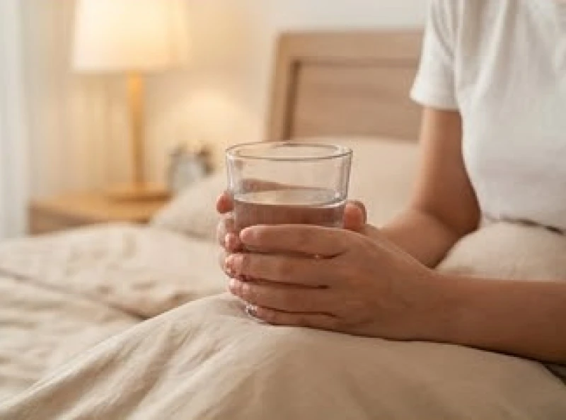 Bàn tay cầm ly nước ấm trong phòng ngủ sáng đèn giúp nhịp tim dần ổn định trở lại